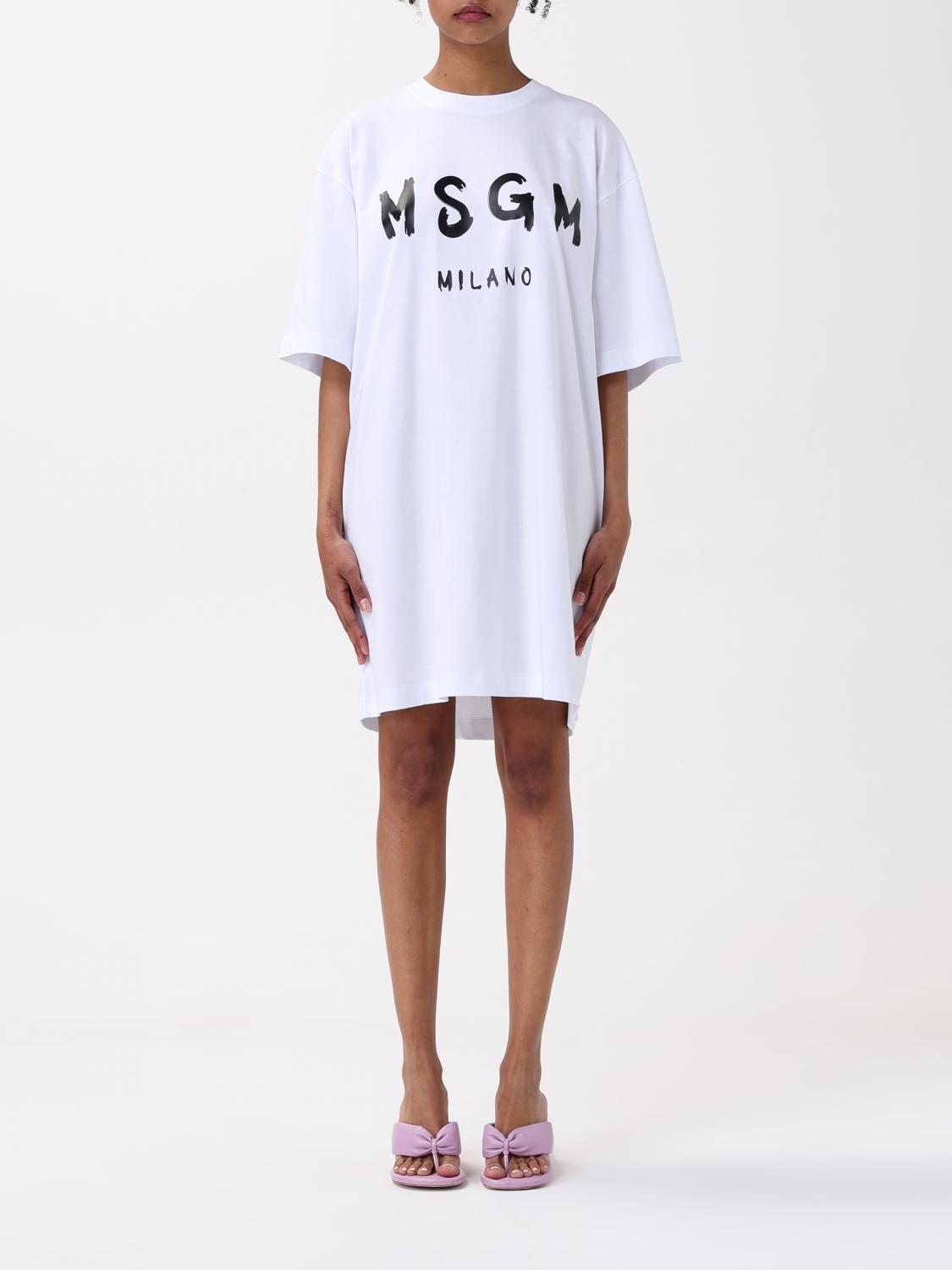 MSGM ABITO: Abito a t-shirt in cotone con maxi logo MSGM, Bianco - Img 1