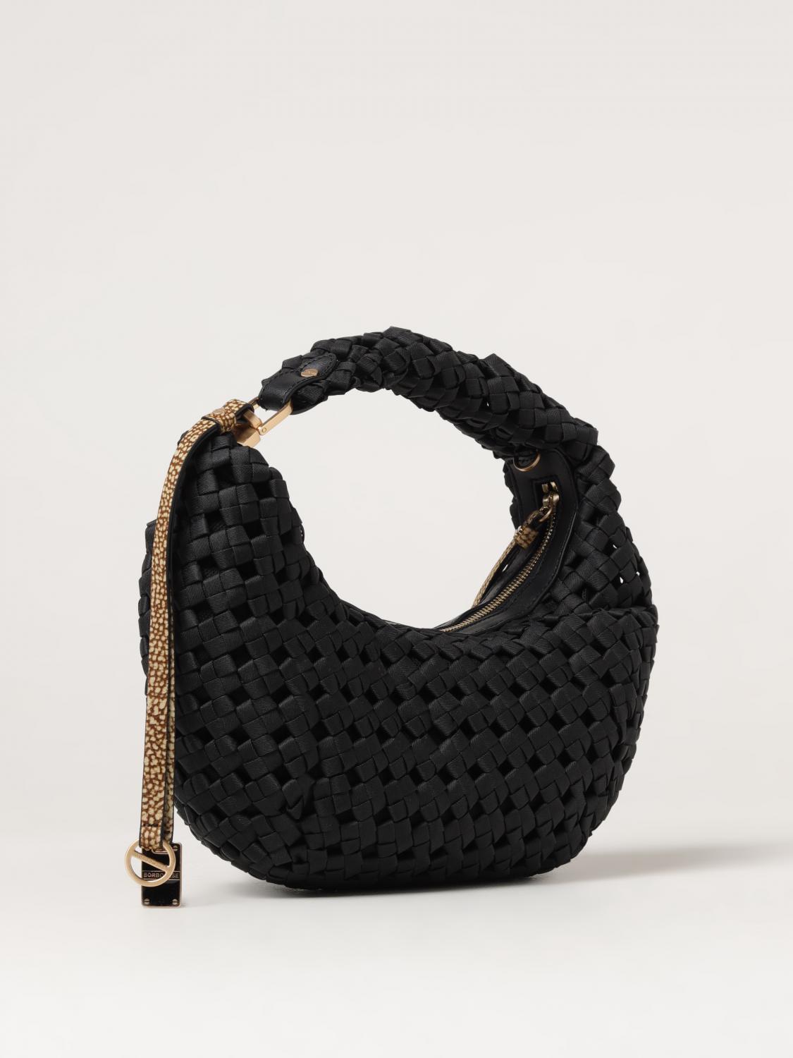 BORBONESE BORSA A SPALLA: Borsa Hobo La Nido Borbonese in nylon intrecciato e pelle, Nero - Img 2