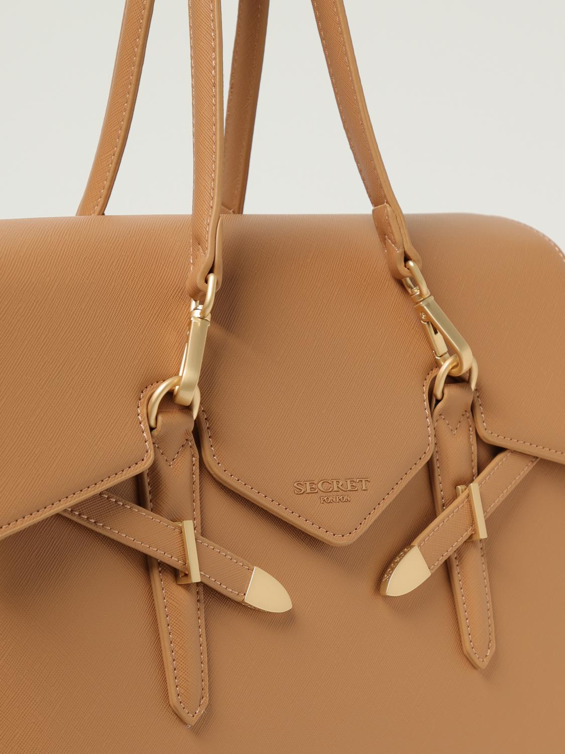 SECRET PON-PON BORSA A SPALLA: Borsa Yalis Grain Large Secret Pon-Pon in pelle sintetica saffiano , Cammello - Img 3