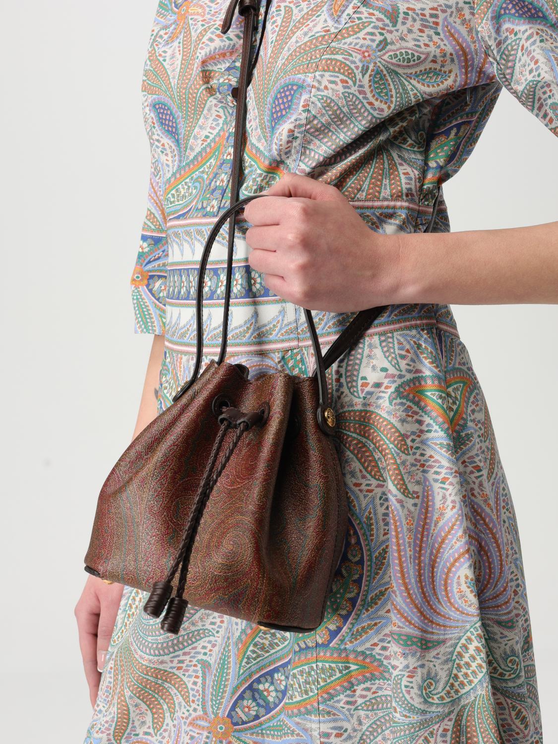 ETRO BORSA MINI: Borsa a secchiello Paisley Etro in cotone spalmato e pelle , Azzurro - Img 2