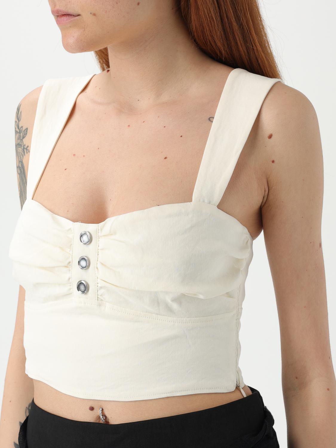 PINKO TOP: Top cropped Pinko in misto lino , Bianco - Img 3
