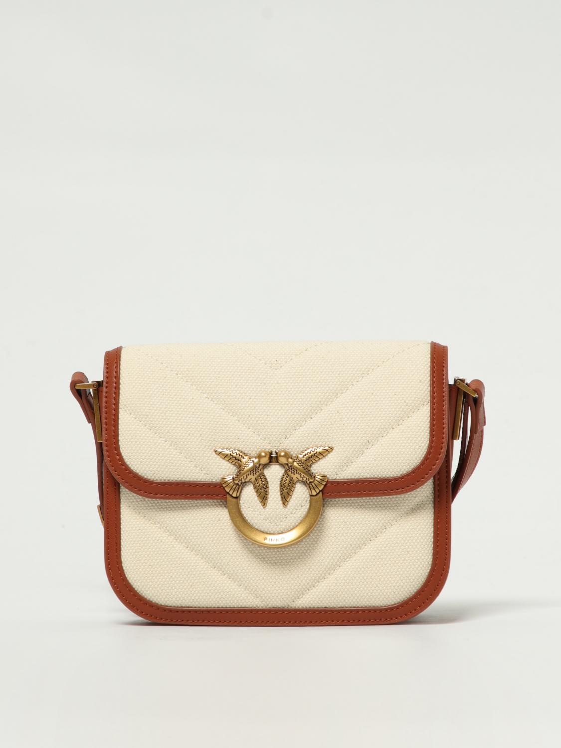 PINKO BORSA A TRACOLLA: Borsa a spalla piccola Love Bag in canvas e pelle Pinko, Beige - Img 1