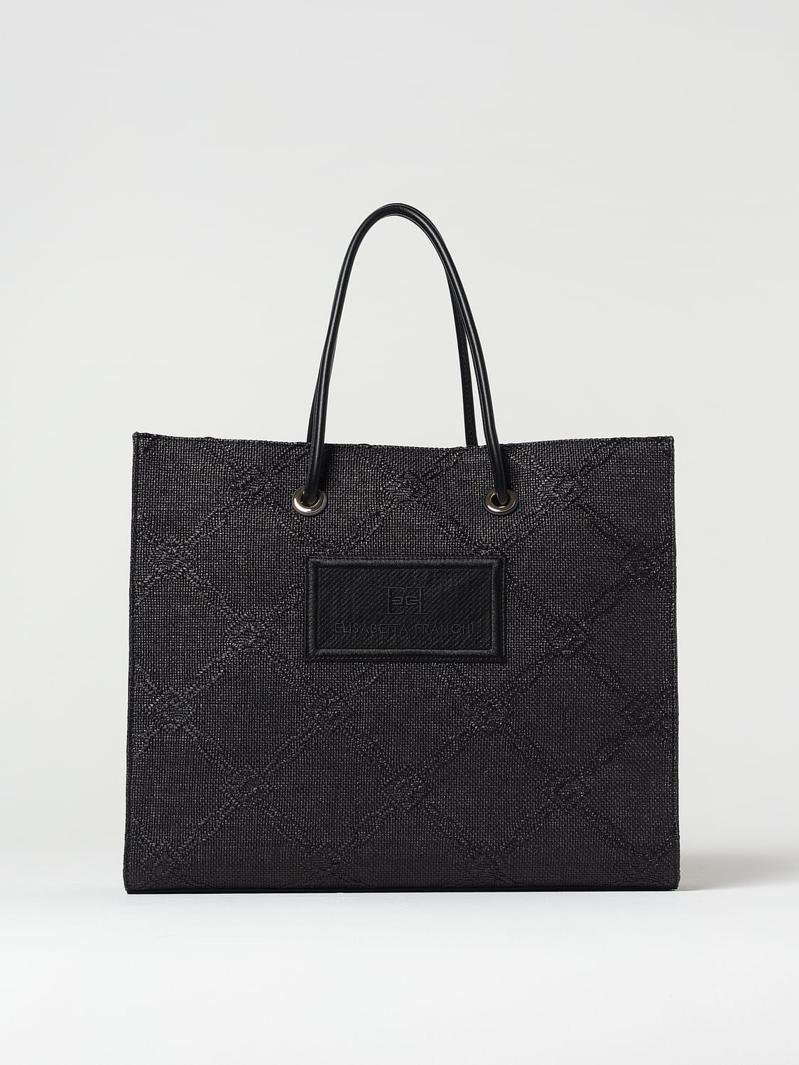 ELISABETTA FRANCHI BORSA TOTE: Borsa Elisabetta Franchi in rafia con logo jacquard , Nero - Img 1
