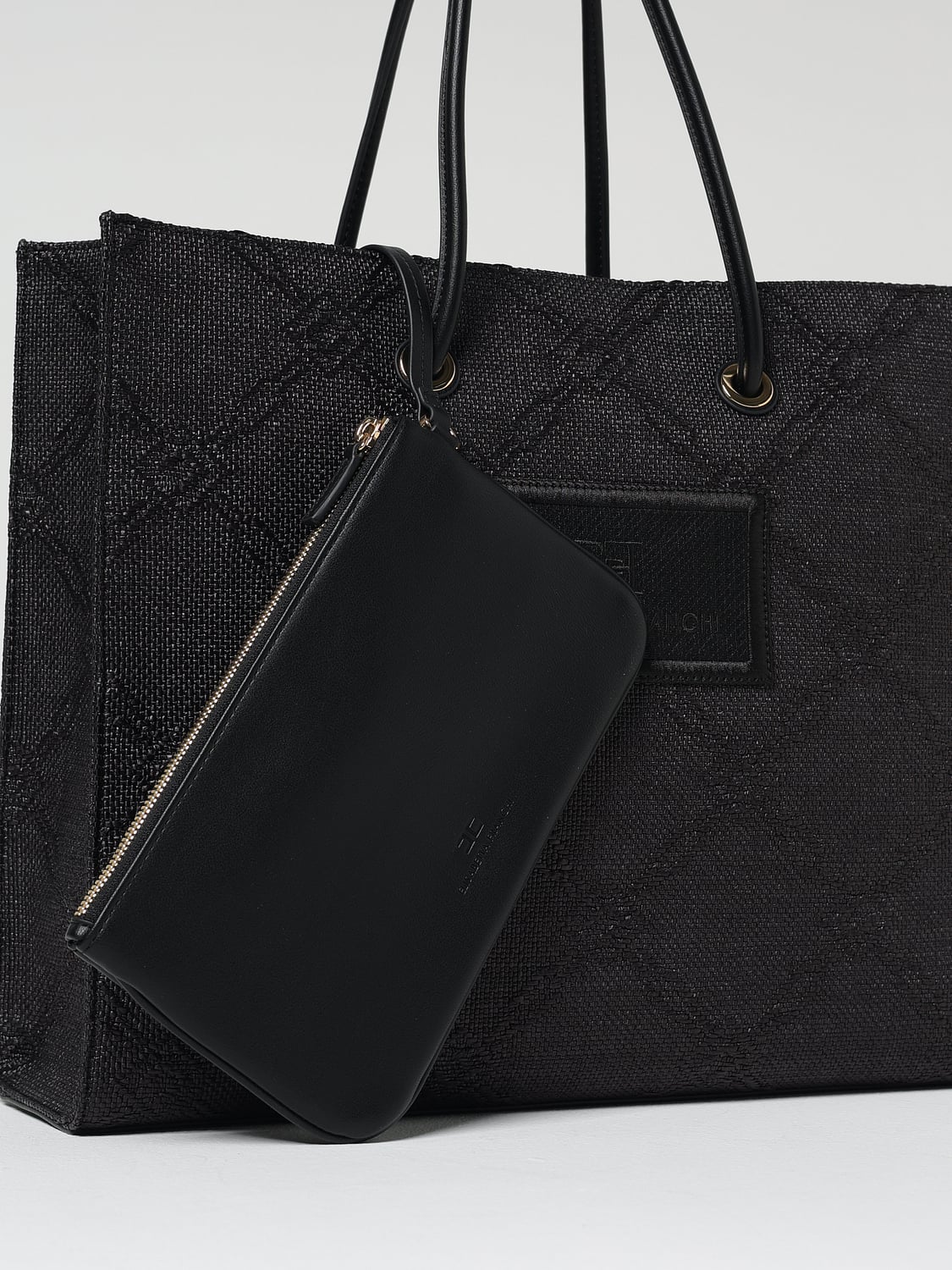 ELISABETTA FRANCHI BORSA TOTE: Borsa Elisabetta Franchi in rafia con logo jacquard , Nero - Img 3