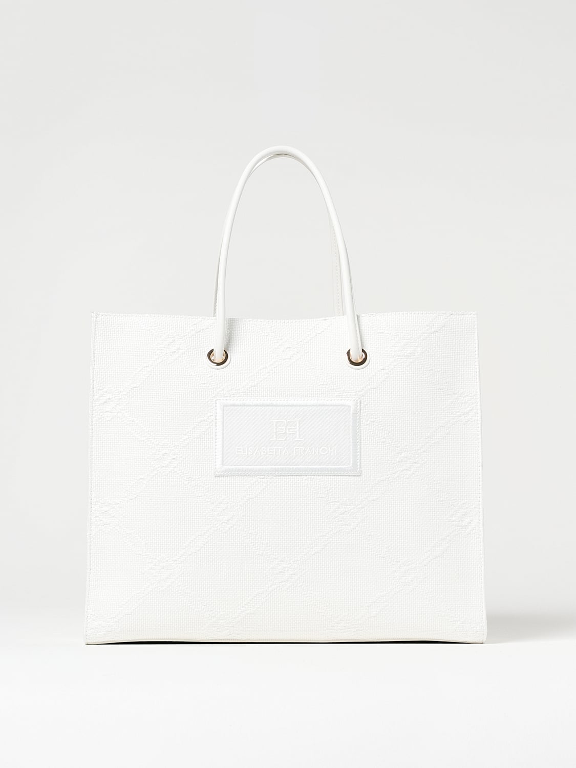 ELISABETTA FRANCHI BORSA TOTE: Borsa Elisabetta Franchi in rafia con logo jacquard , Avorio - Img 1