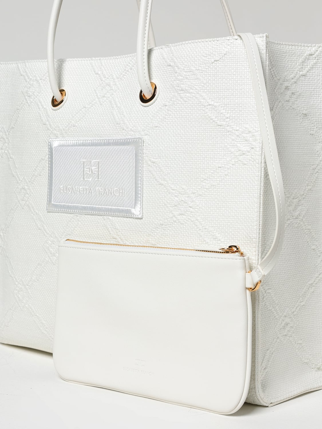 ELISABETTA FRANCHI BORSA TOTE: Borsa Elisabetta Franchi in rafia con logo jacquard , Avorio - Img 3