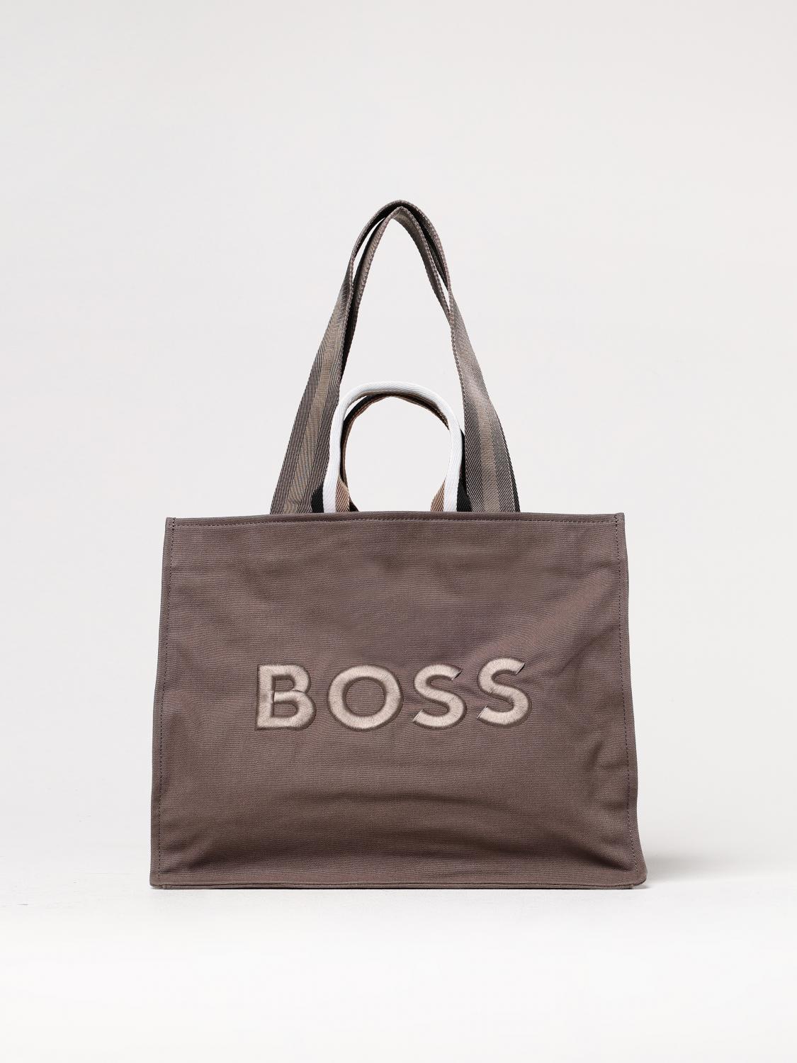 BOSS BORSA TOTE: Borsa Deva Boss in canvas con logo ricamato , Fango - Img 1