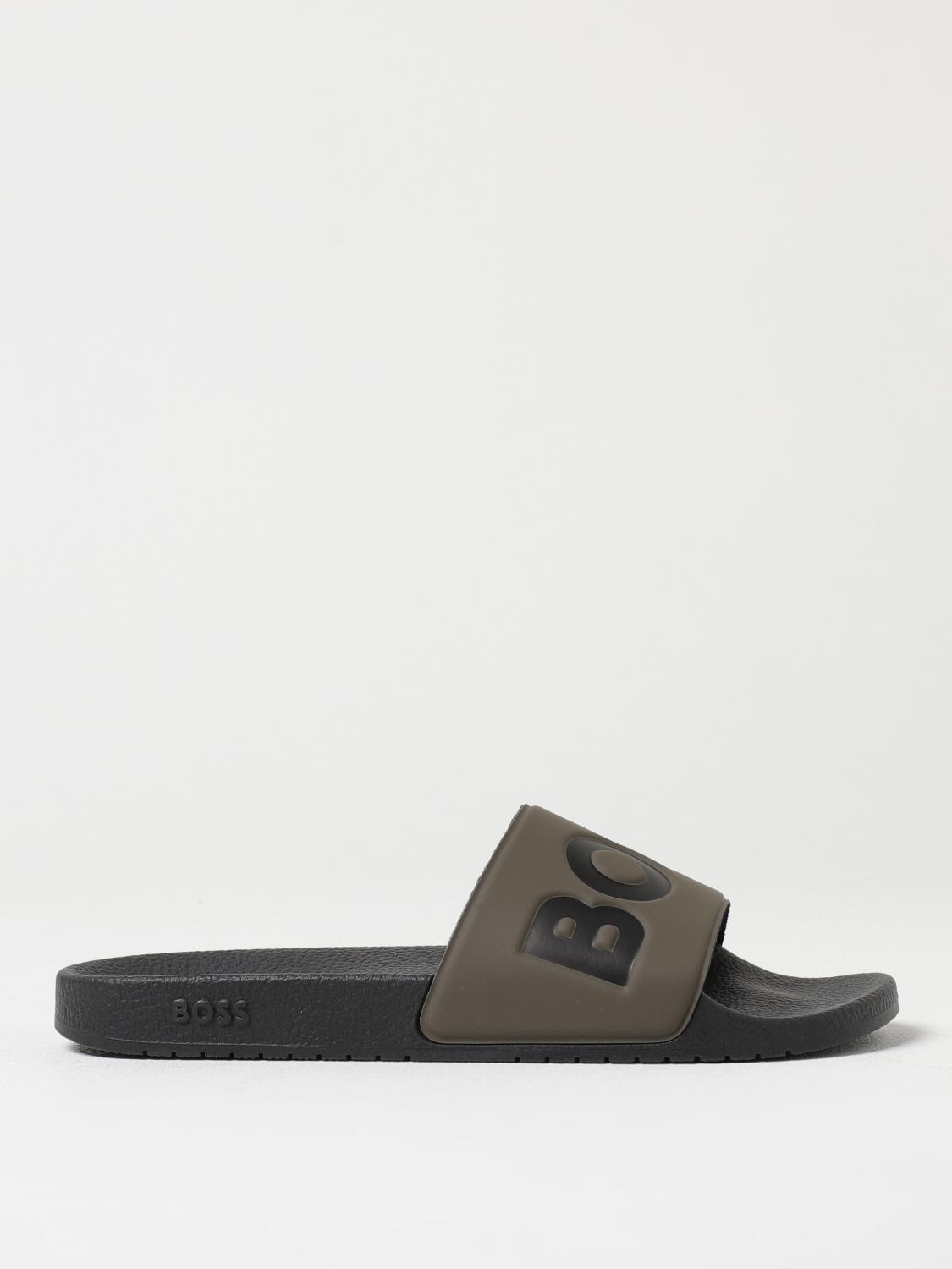 BOSS SANDALI: Sliders Boss in gomma con stampa logo , Verde - Img 1