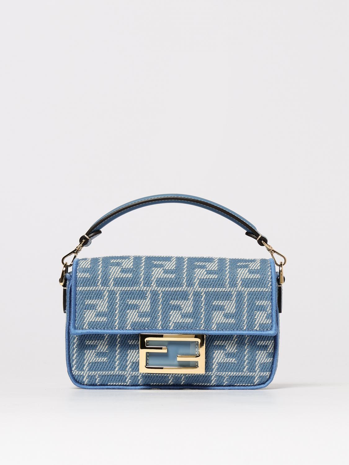 FENDI BORSA MINI: Borsa Baguette Mini Fendi in canvas di lino con motivo FF jacquard , Azzurro - Img 1