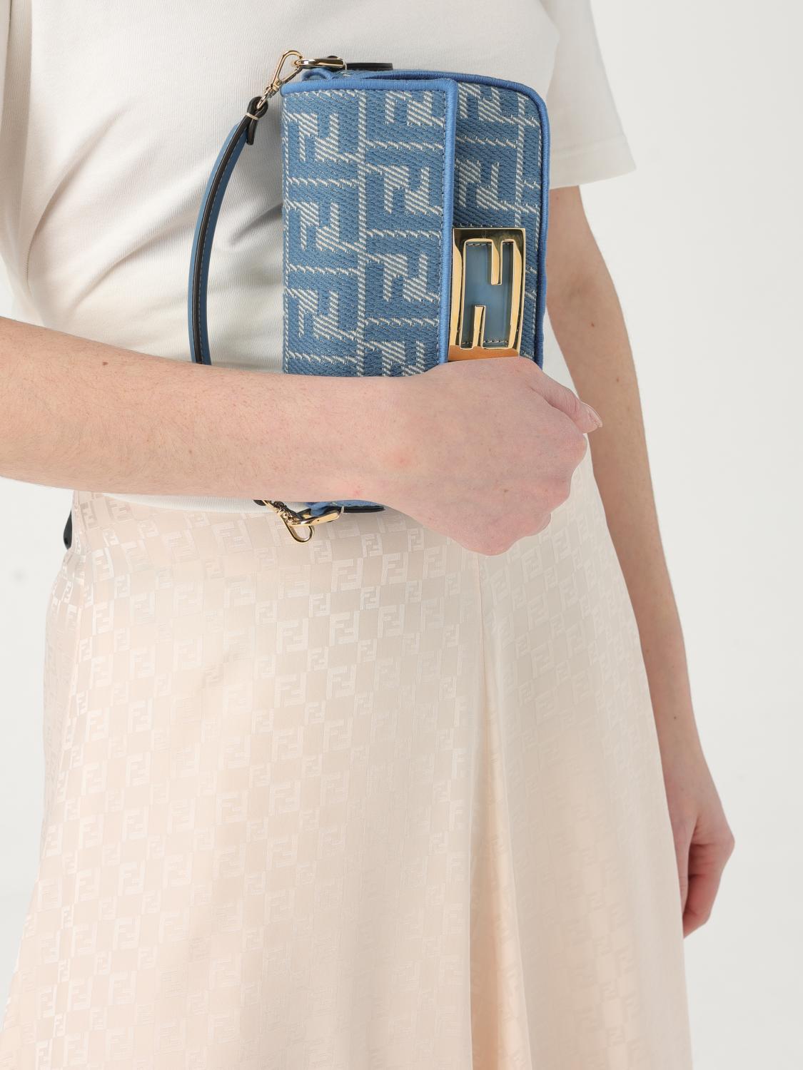 FENDI BORSA MINI: Borsa Baguette Mini Fendi in canvas di lino con motivo FF jacquard , Azzurro - Img 2
