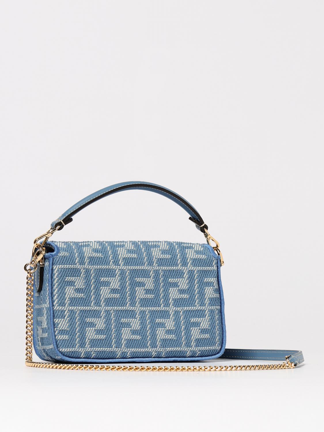 FENDI BORSA MINI: Borsa Baguette Mini Fendi in canvas di lino con motivo FF jacquard , Azzurro - Img 3