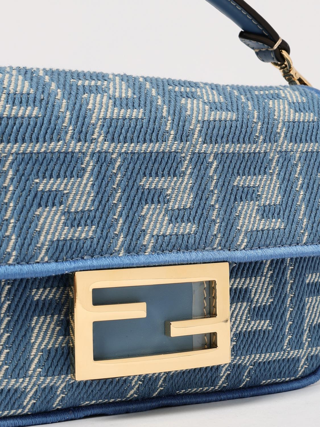 FENDI BORSA MINI: Borsa Baguette Mini Fendi in canvas di lino con motivo FF jacquard , Azzurro - Img 4