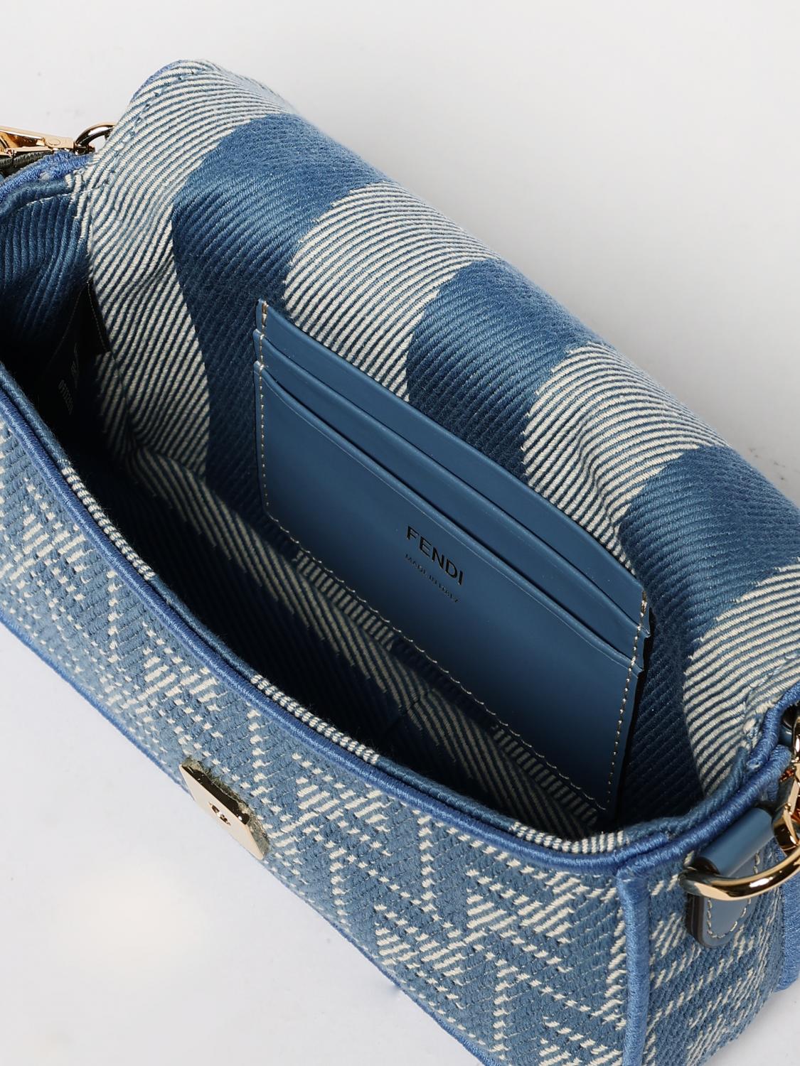 FENDI BORSA MINI: Borsa Baguette Mini Fendi in canvas di lino con motivo FF jacquard , Azzurro - Img 5