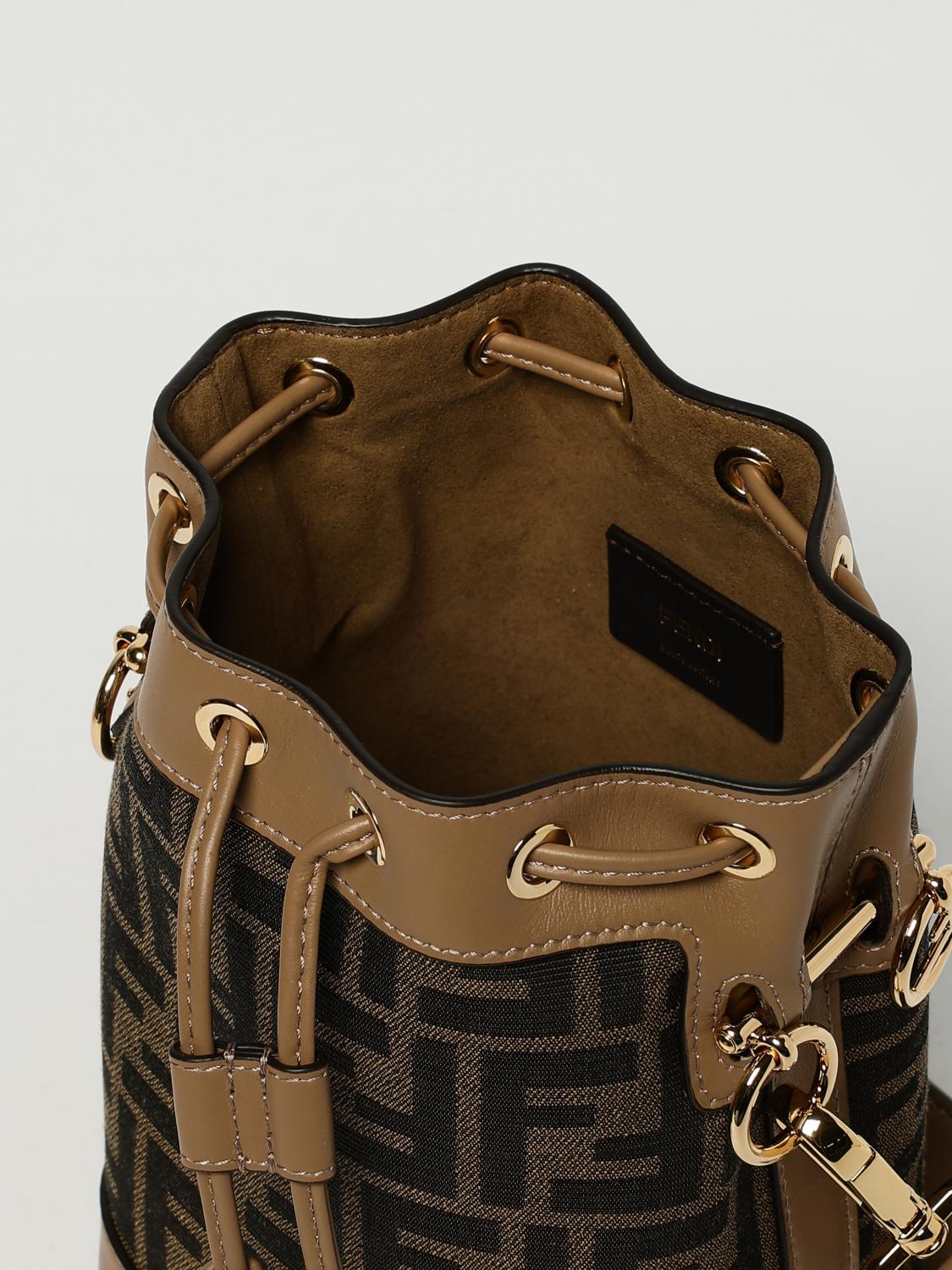FENDI BORSA MINI: Borsa Mon Tresor Fendi in misto cotone e pelle con monogram FF embossed , Moro - Img 5