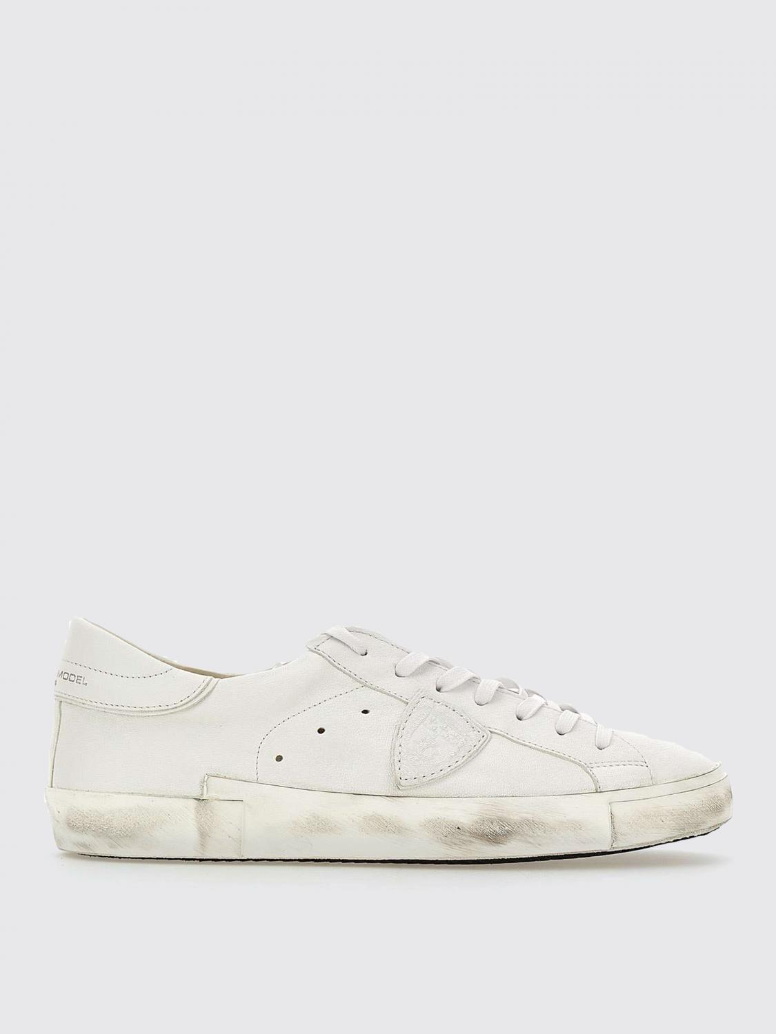 PHILIPPE MODEL SNEAKERS: Paris Sneakers by Philippe Model in Used-Effect Leather, White 2 - Img 1