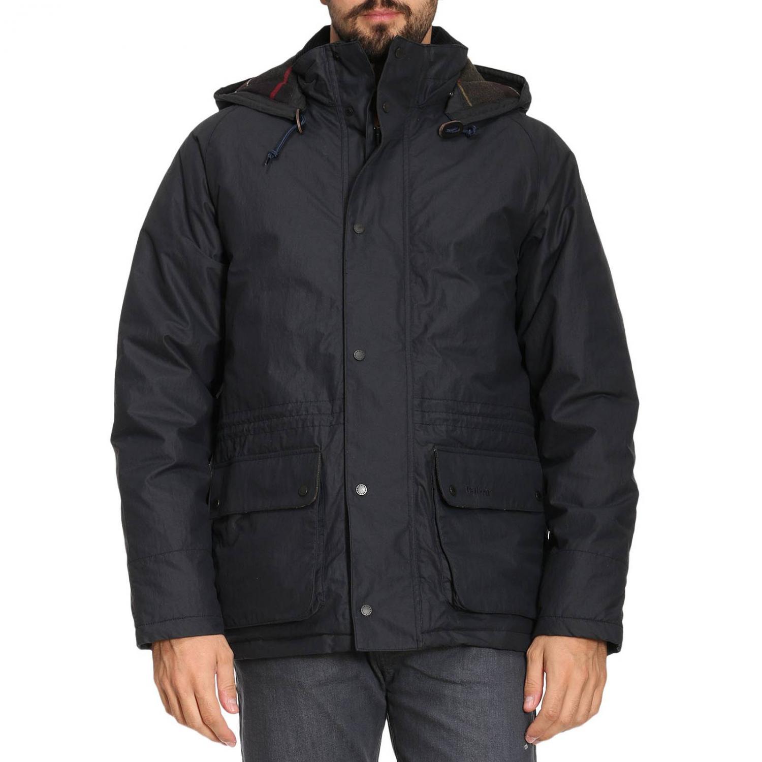 BARBOUR GIACCA: Parka medio waterproof in misto cotone con cappuccio removibile e interni tartan, Blue - Img 1