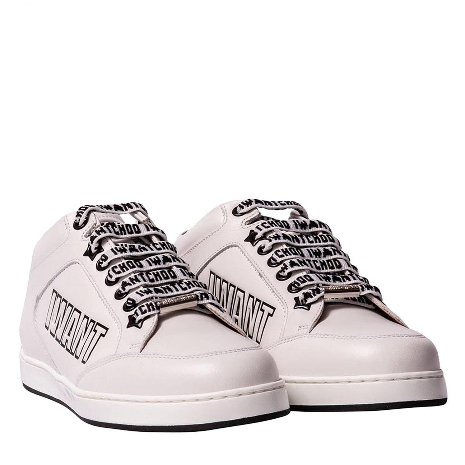 JIMMY CHOO SNEAKERS: Sneakers Miami in pelle liscia con maxi logo I want Choo, Bianco - Img 2