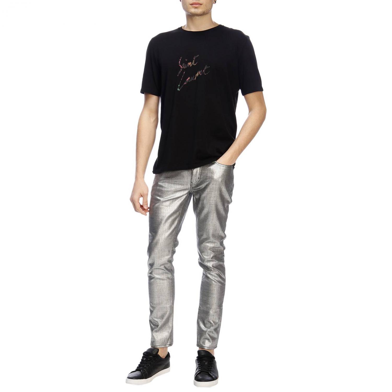 SAINT LAURENT T-SHIRT: T-shirt a girocollo basic in jersey con firma Saint Laurent, Nero - Img 4
