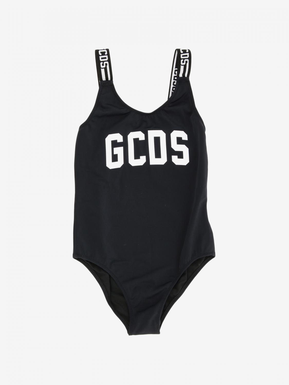 GCDS JUNIOR BADEMODE: GCDS Badeanzug mit Logo Print und gestreiften Hosenträgern, Schwarz - Img 1