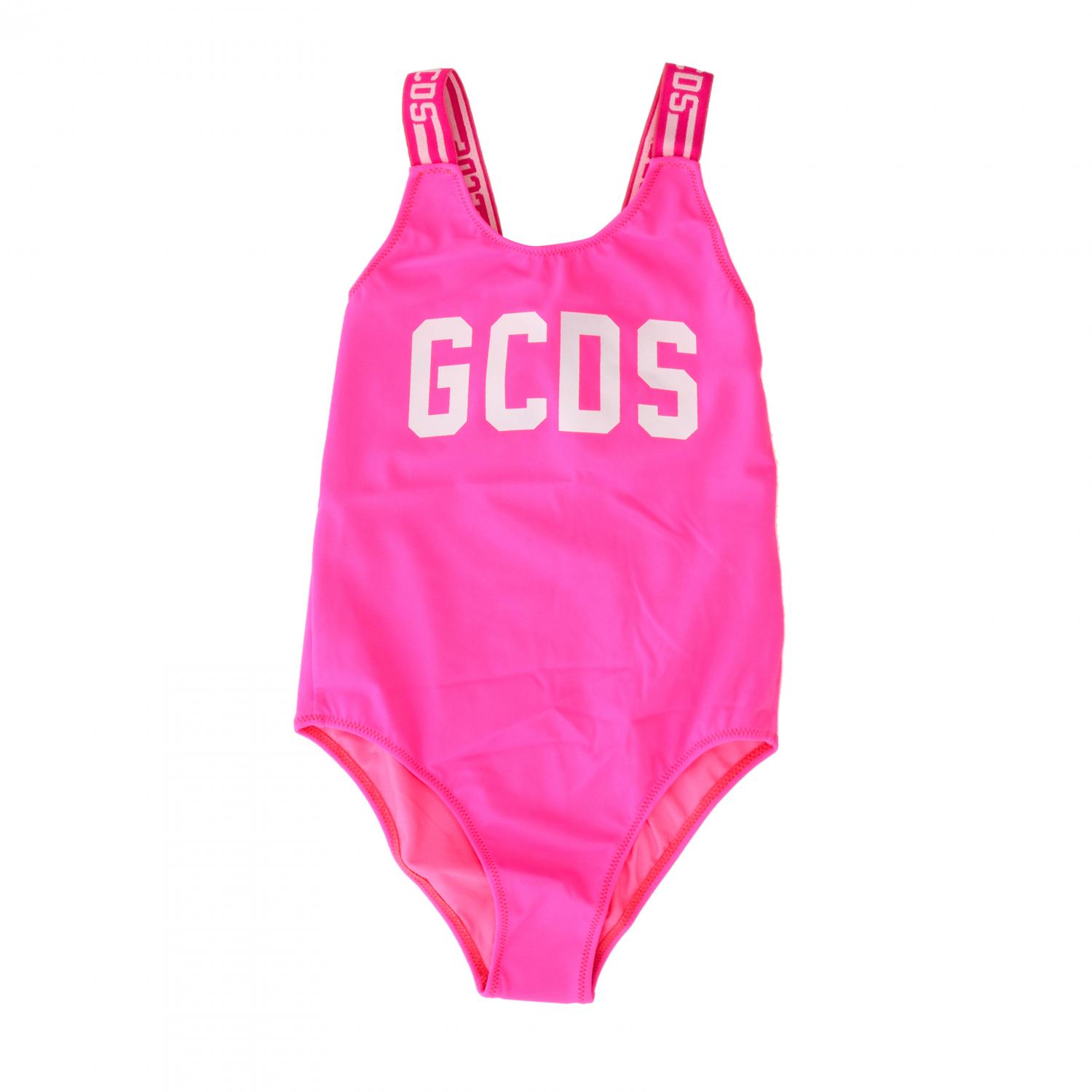 GCDS JUNIOR BADEMODE: GCDS Badeanzug mit Logo Print und gestreiften Hosenträgern, Fuchsia - Img 1