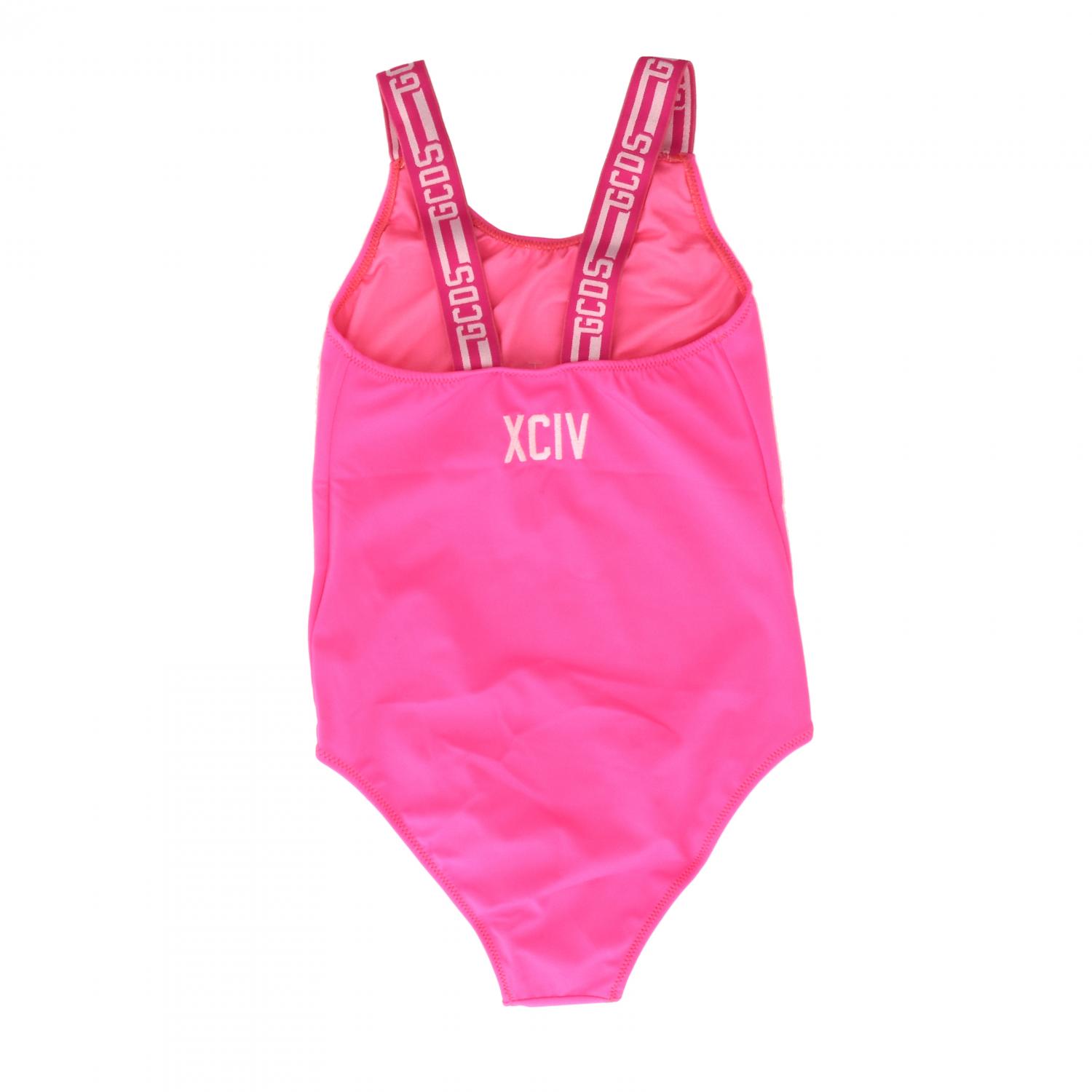 GCDS JUNIOR BADEMODE: GCDS Badeanzug mit Logo Print und gestreiften Hosenträgern, Fuchsia - Img 2