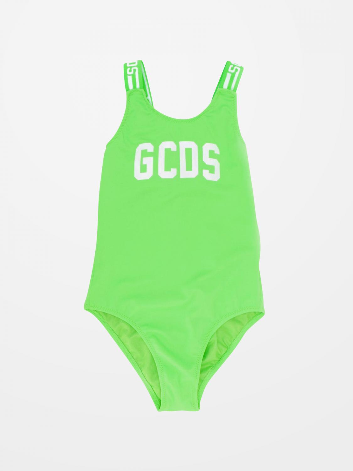 GCDS JUNIOR BADEMODE: GCDS Badeanzug mit Logo Print und gestreiften Hosenträgern, Grün - Img 1