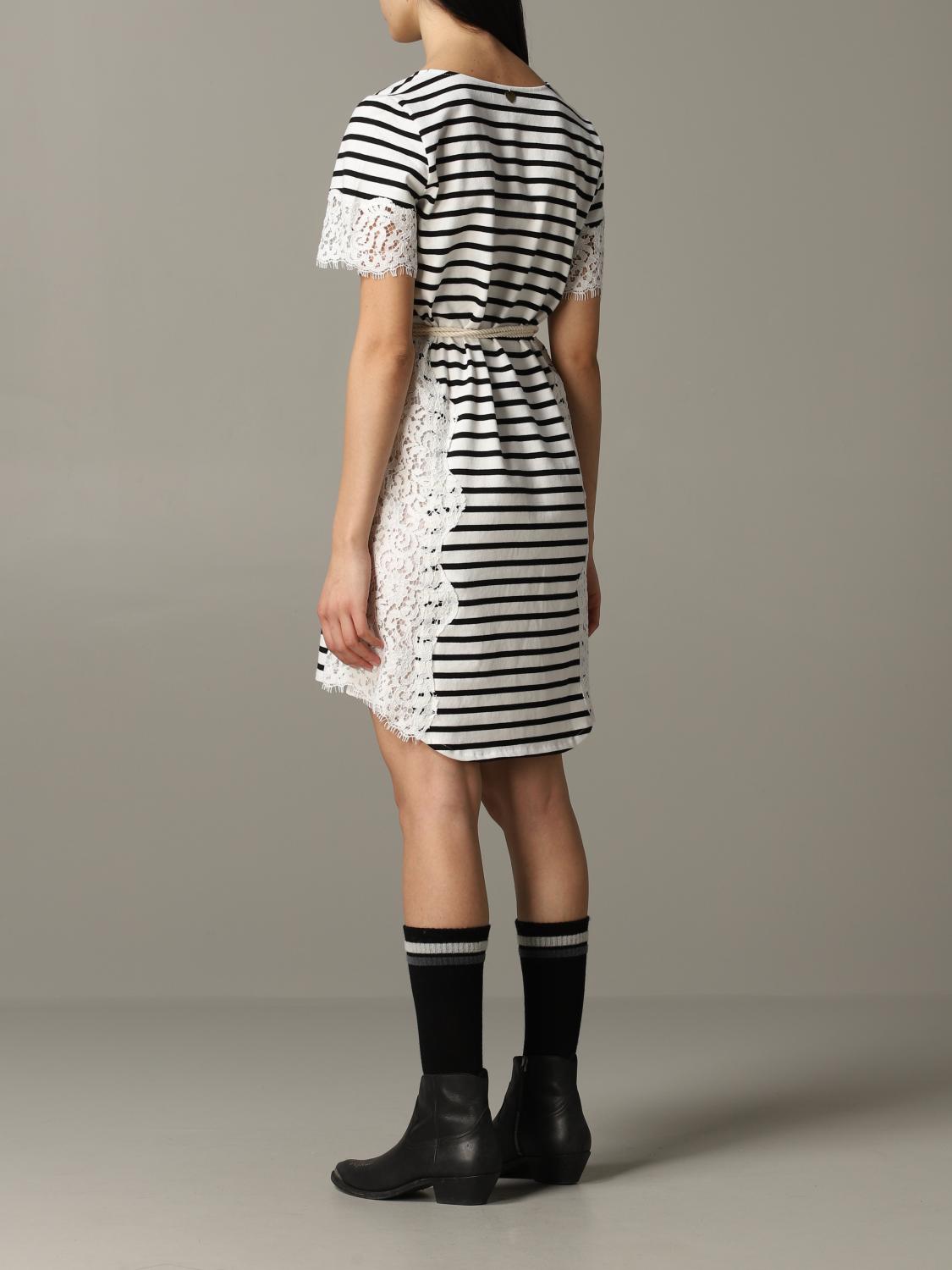 TWINSET KLEID: Gestreiftes Twin Set Kleid mit Spitze, Weiß - Img 2