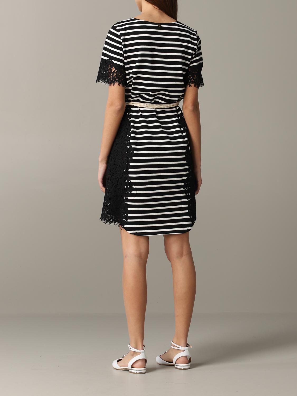 TWINSET DRESS: Twin-set striped dress with lace trim, Black - Img 2