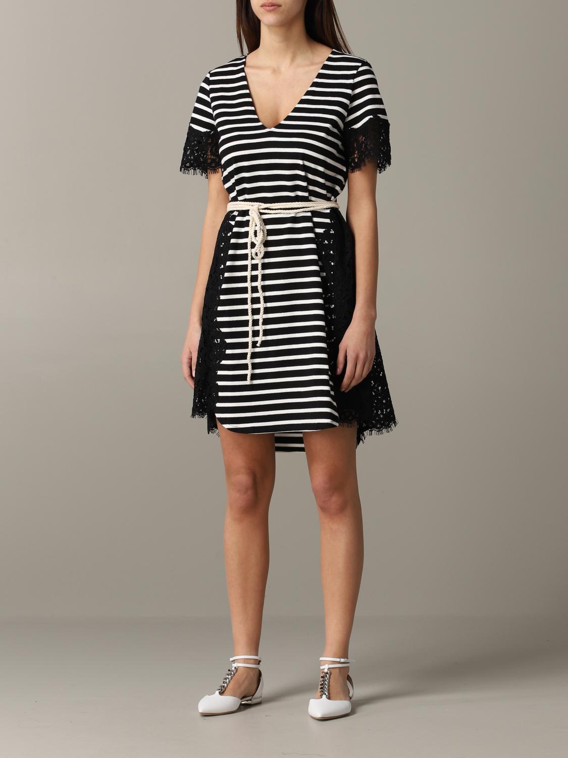 TWINSET DRESS: Twin-set striped dress with lace trim, Black - Img 3