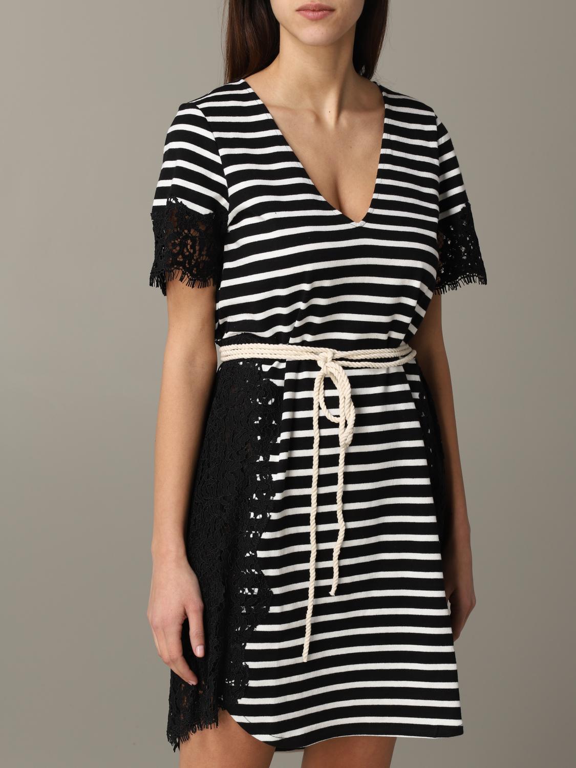TWINSET DRESS: Twin-set striped dress with lace trim, Black - Img 4