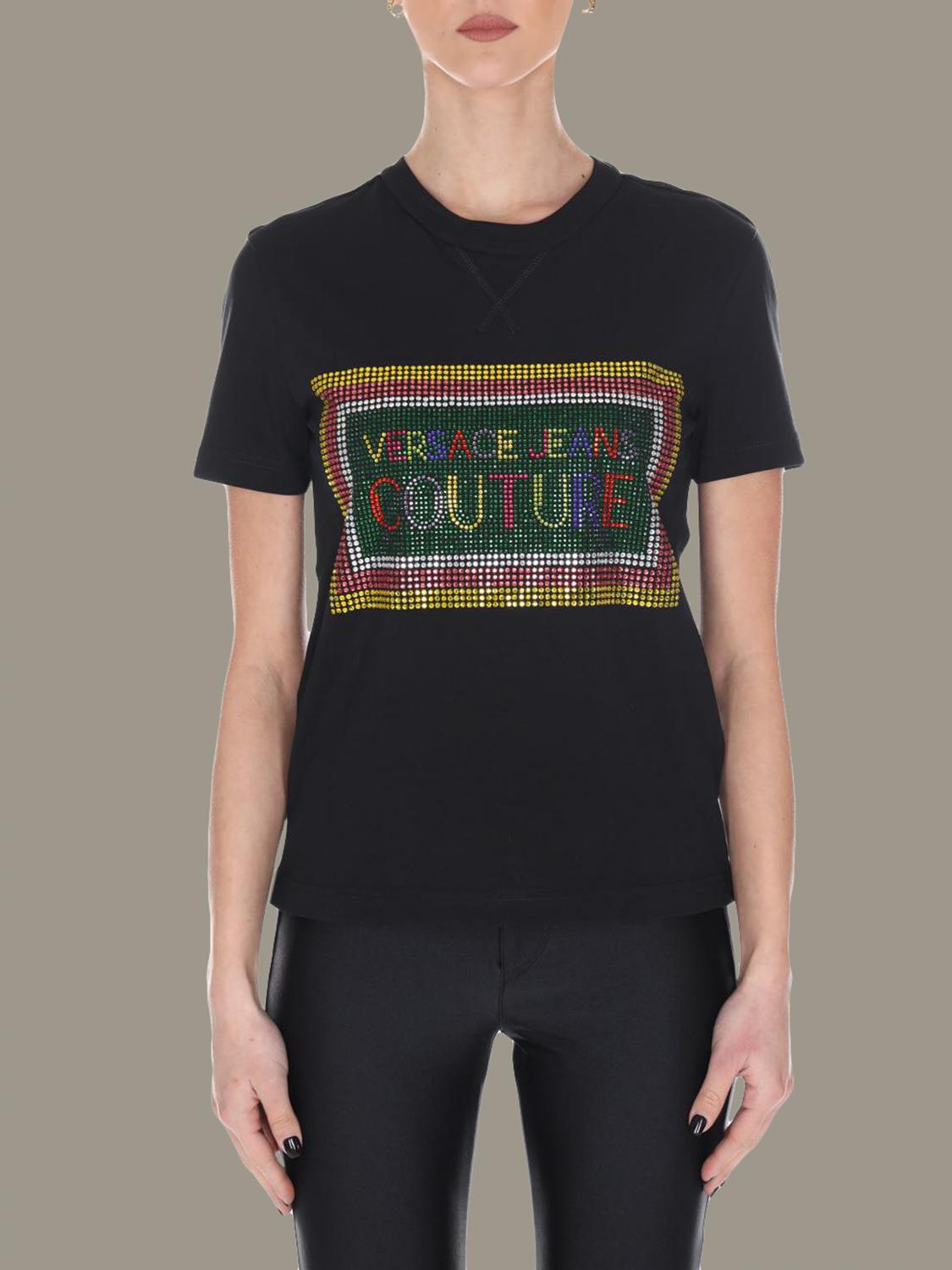 VERSACE JEANS: t-shirt with rhinestone logo - Black