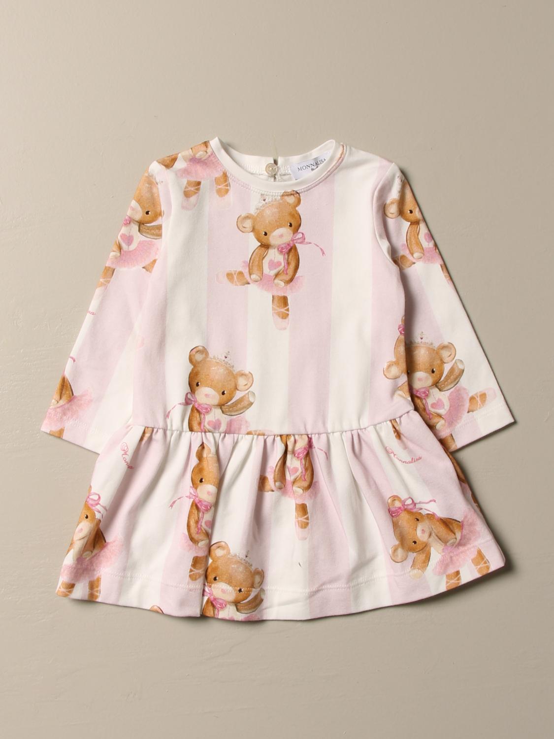 MONNALISA: striped dress with teddy bear print Pink Monnalisa