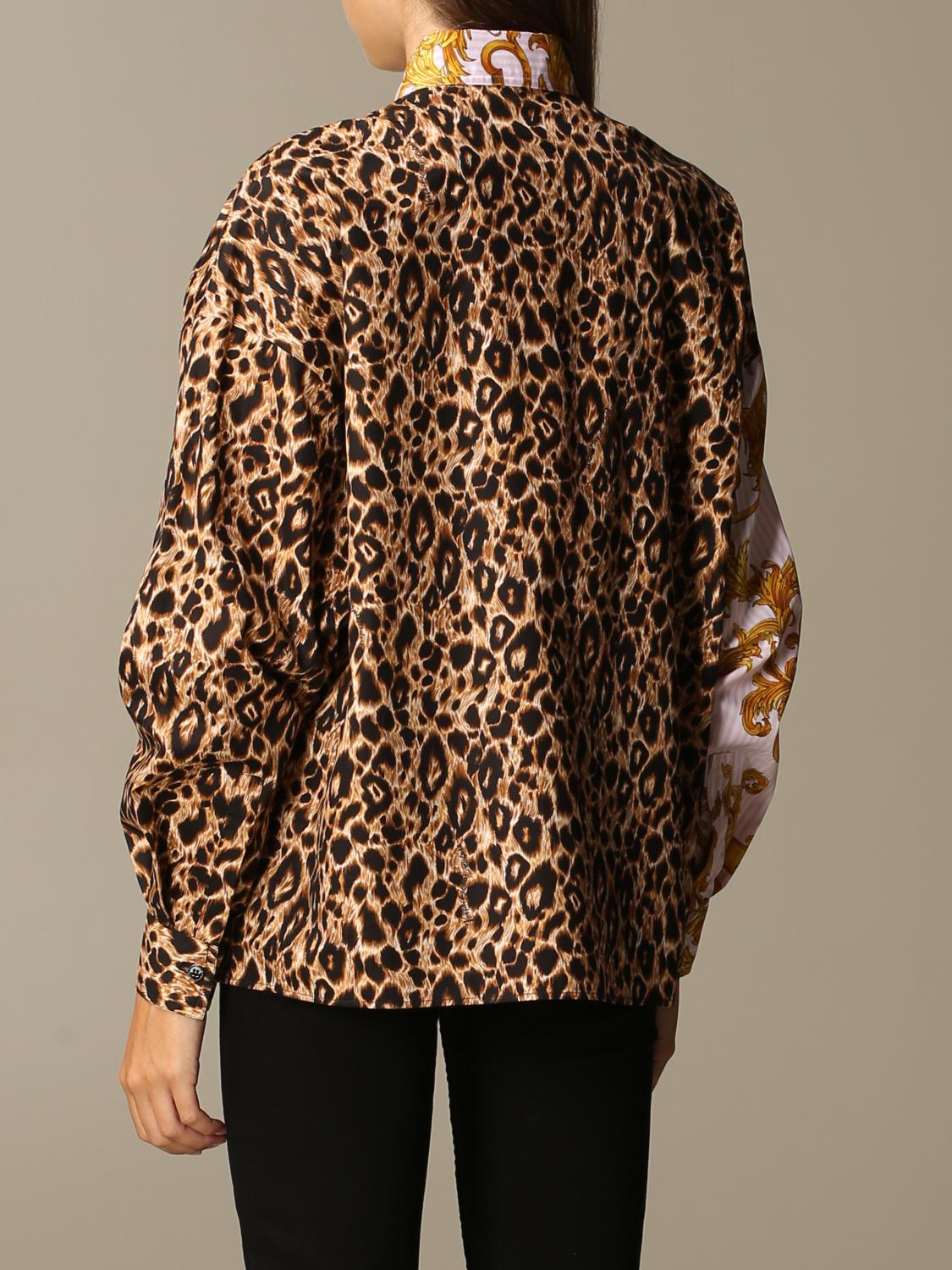 VERSACE JEANS COUTURE CAMICIA: Camicia Versace Jeans Couture in cotone a fantasia barocca e animalier, Marrone - Img 3