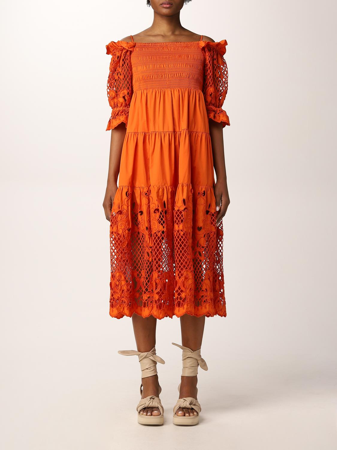 Self-portrait midi dress in broderie anglaise - Orange