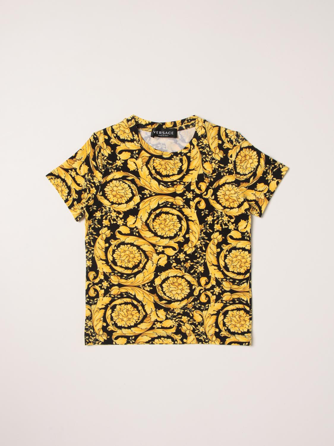 VERSACE: Young cotton T-shirt with baroque print Black Versace
