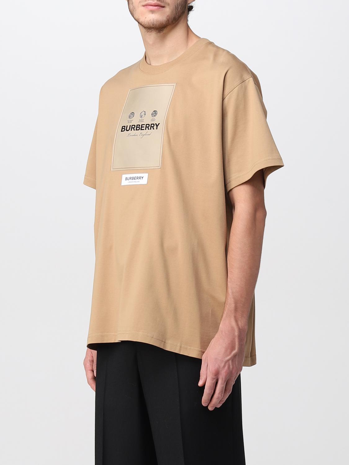 BURBERRY: oversize cotton t-shirt with label - Camel | Burberry t