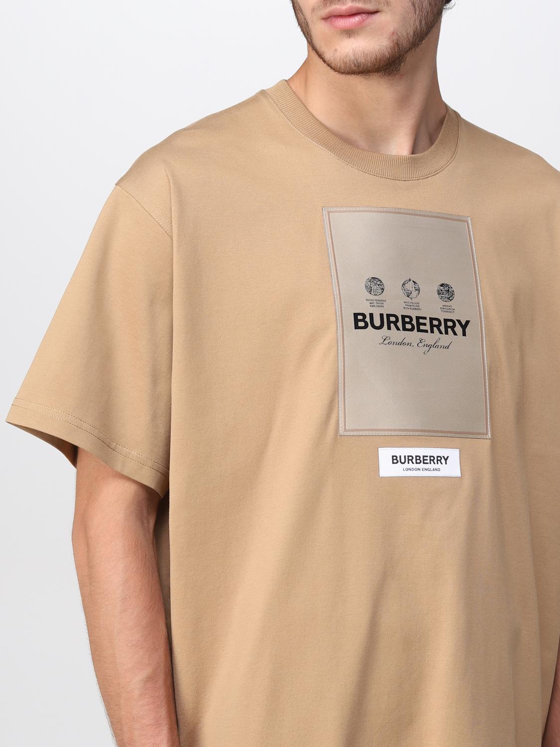 BURBERRY: oversize cotton t-shirt with label - Camel | Burberry t