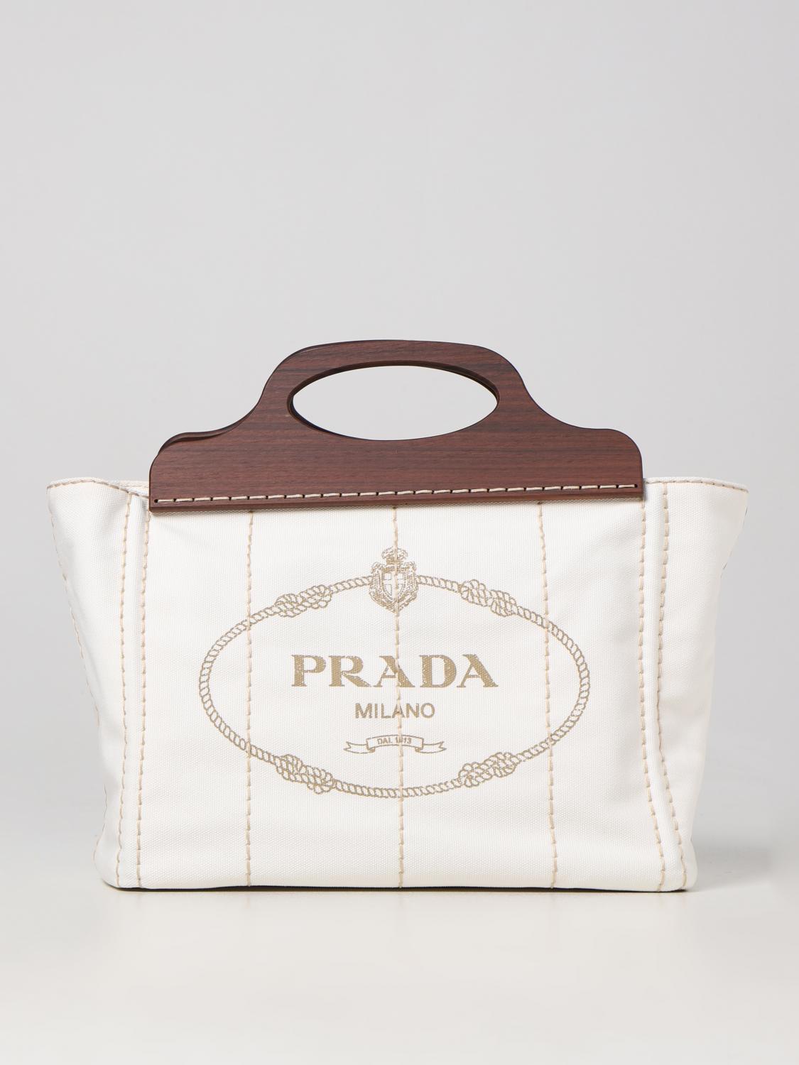 PRADA BORSA A MANO: Borsa Prada in canvas e legno, Bianco - Img 1