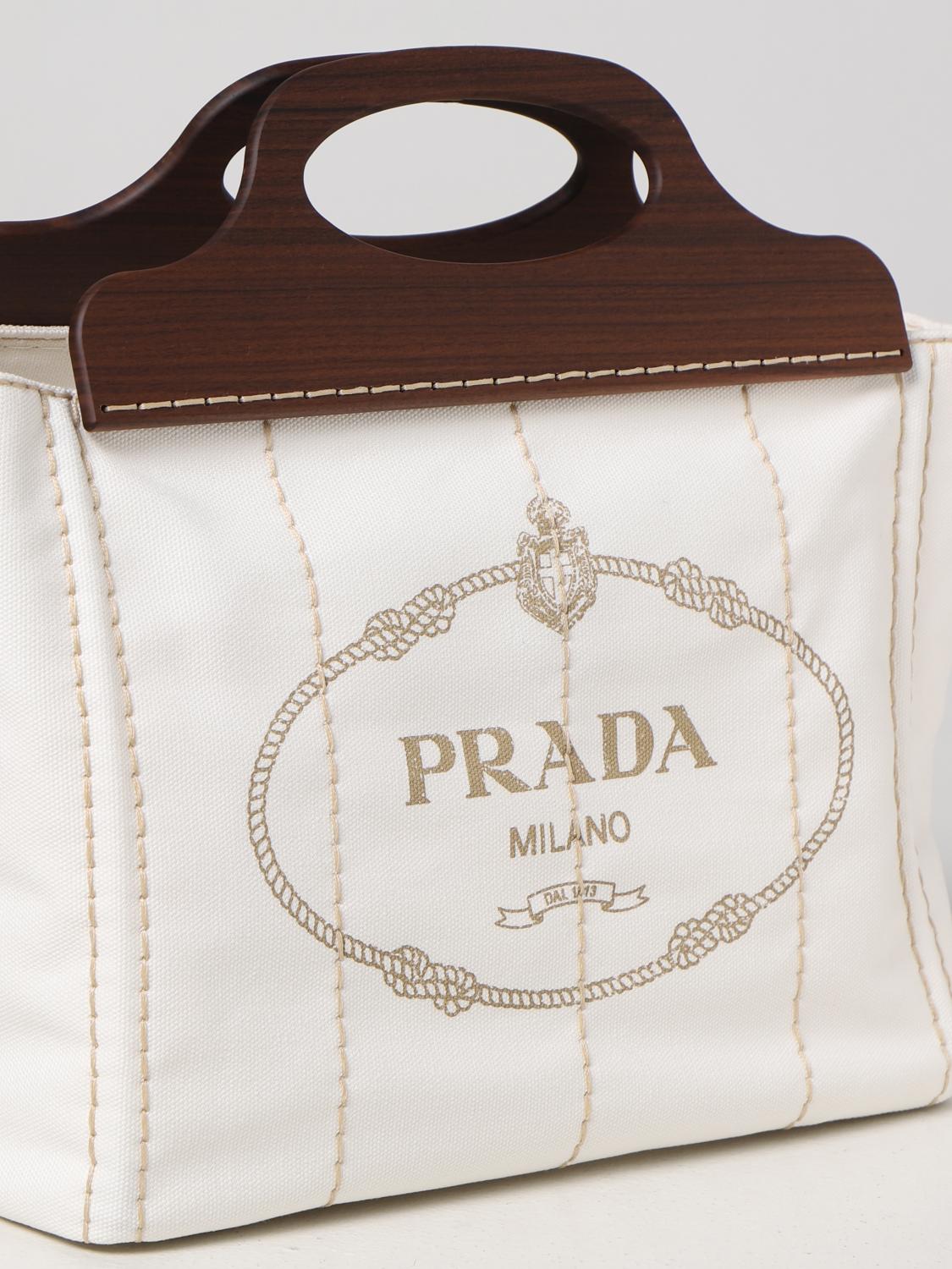 PRADA BORSA A MANO: Borsa Prada in canvas e legno, Bianco - Img 3