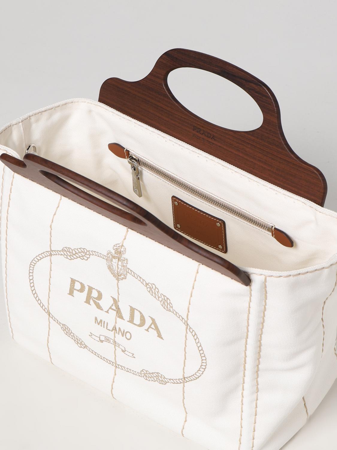 PRADA BORSA A MANO: Borsa Prada in canvas e legno, Bianco - Img 4