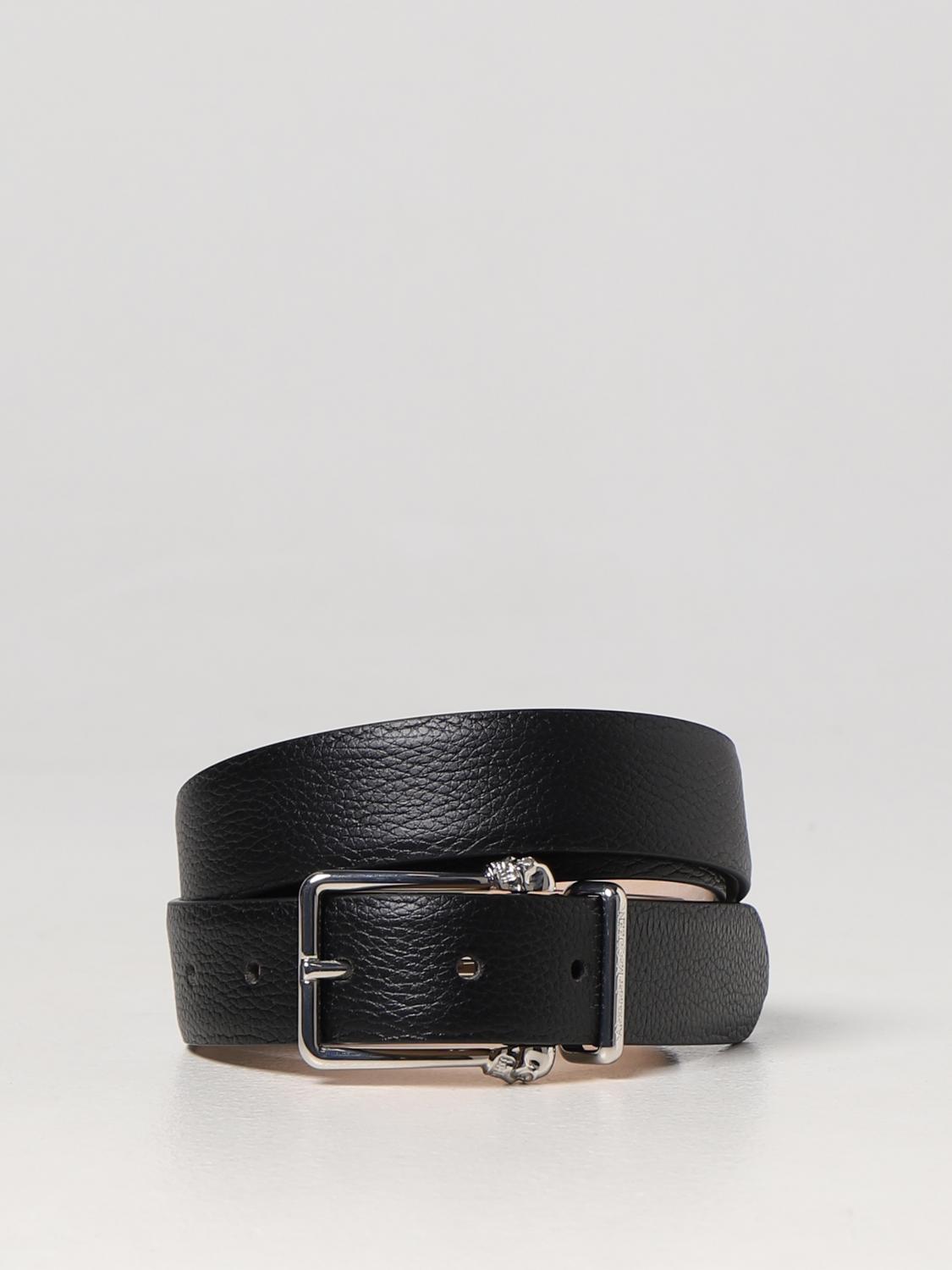 MCQUEEN CINTURA: Cintura Twin Skull McQueen in pelle a grana, Nero - Img 1