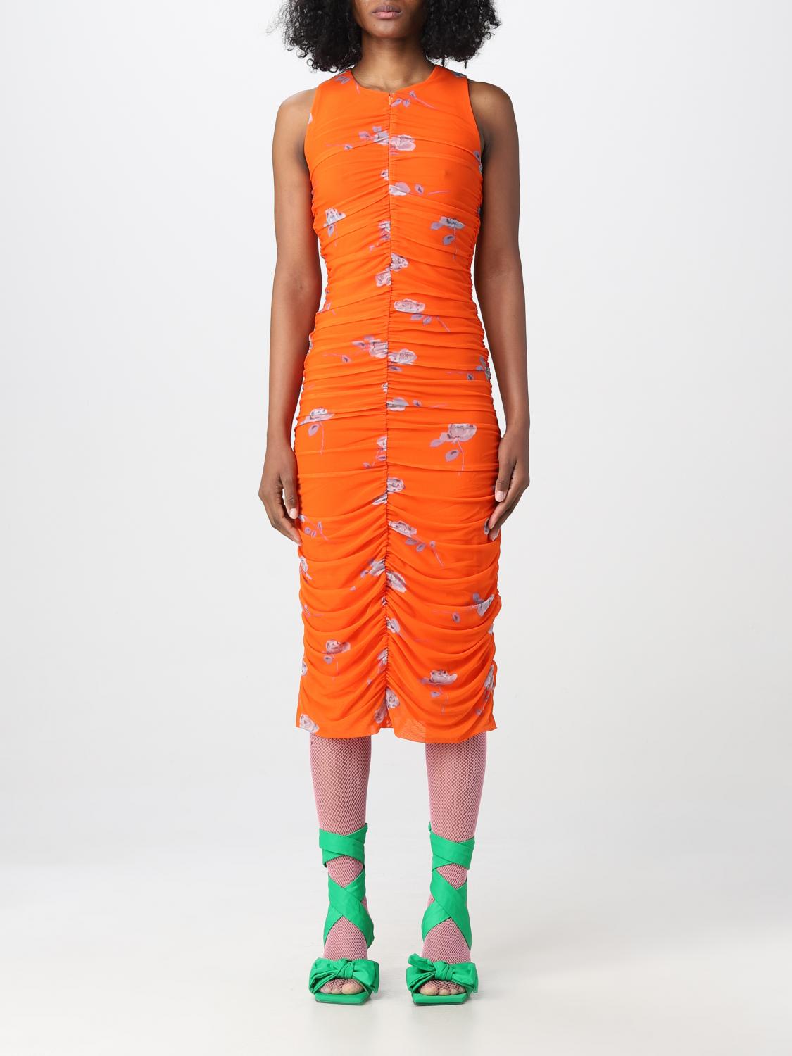 ganni dress orange $256 Ganni Women's Orange Gathered Front Tie Poplin A-Line Dress Size 48