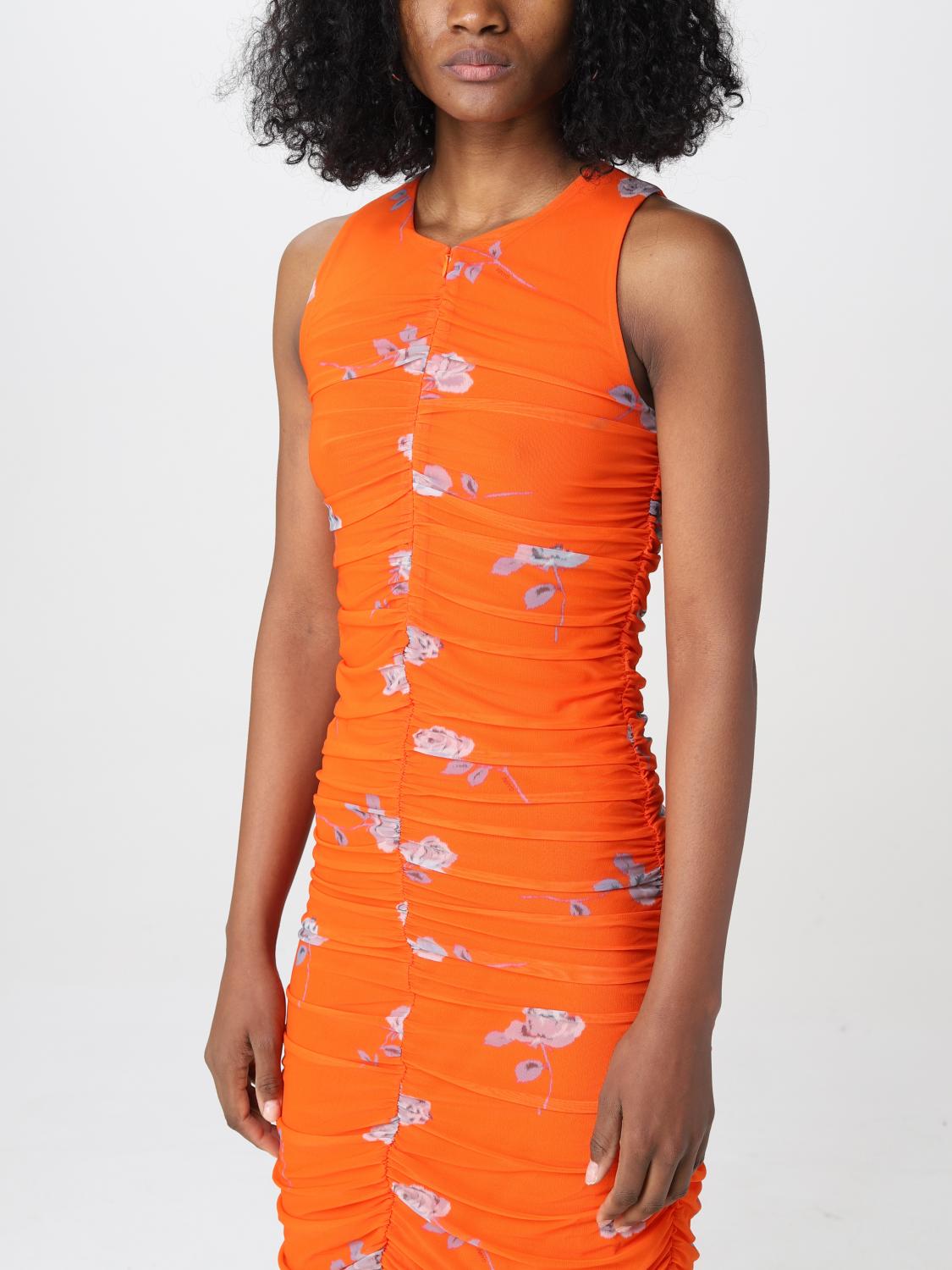 orange ganni dress Ganni PRINTED MESH RUCHED SLEEVELESS MIDI DRESS - ORANGEADE on Garmentory