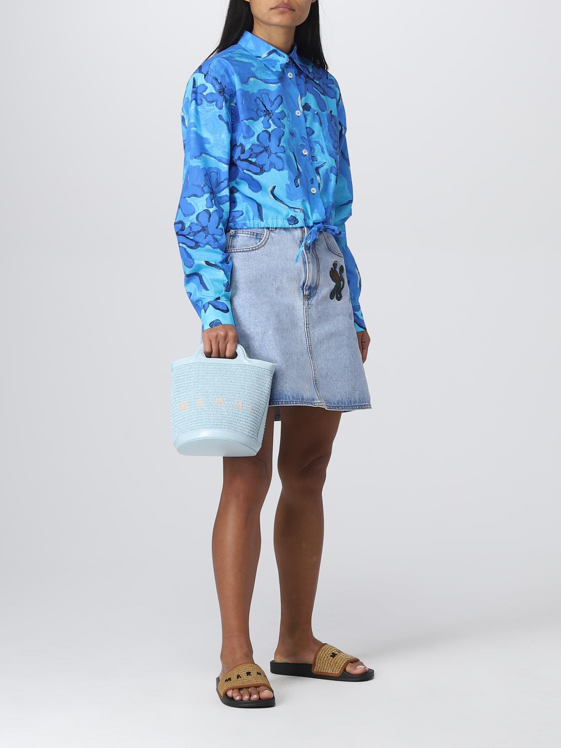 MARNI BORSA MINI: Borsa Tropicalia Mini Marni in pelle e rafia, Azzurro - Img 2