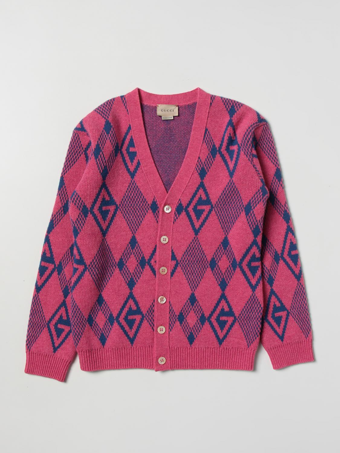 GUCCI SWEATER: Gucci v-neck cardigan with all-over G logo, Fuchsia - Img 1