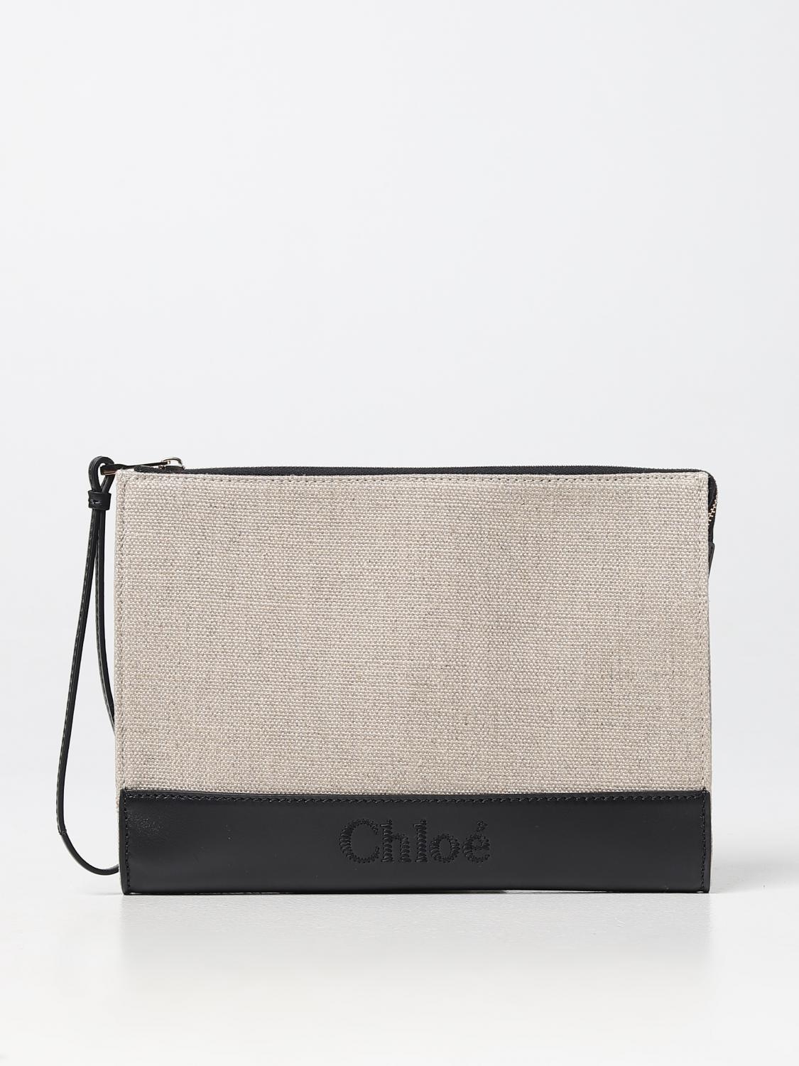 CHLOÉ BORSA A MANO: Pouch Chloé in canvas e pelle, Nero - Img 1