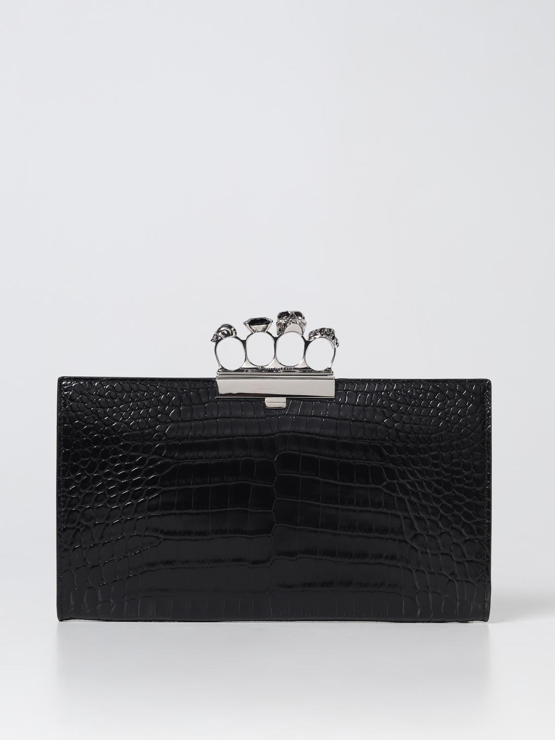 MCQUEEN BRIEFCASE: McQueen Four Ring Pouch in crocodile print leather, Black - Img 1