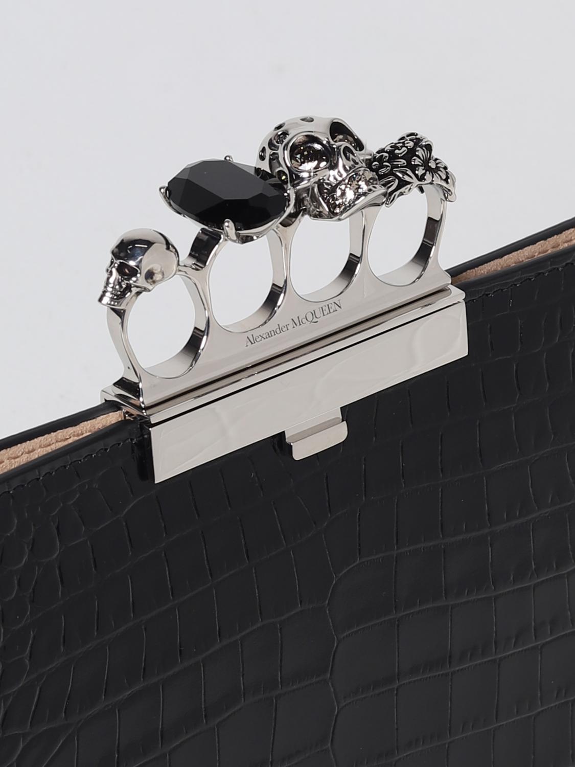MCQUEEN BRIEFCASE: McQueen Four Ring Pouch in crocodile print leather, Black - Img 3