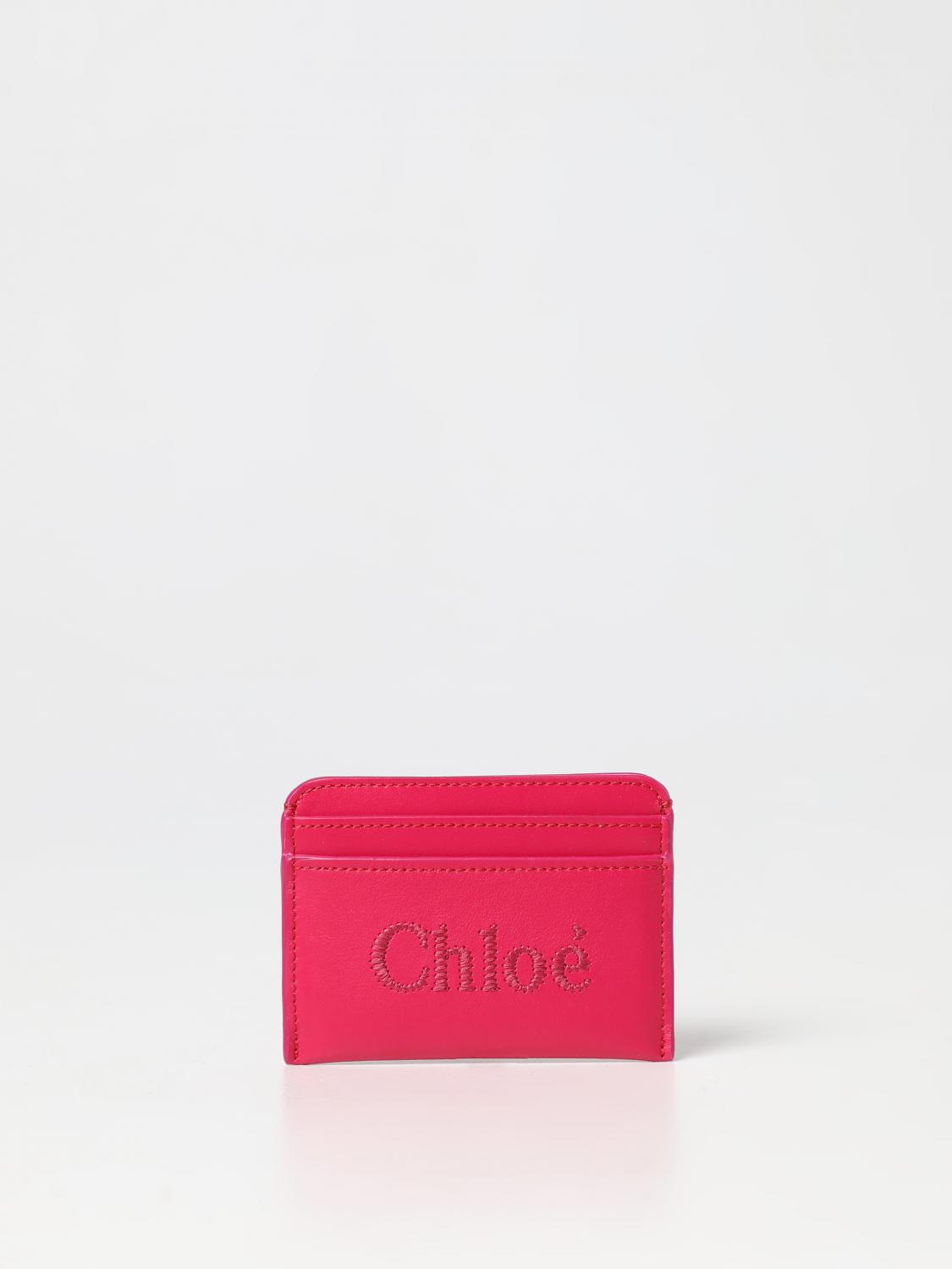 CHLOÉ PORTAFOGLIO: Portacarte di credito Sense Chloé in pelle con logo ricamato, Fuxia - Img 1
