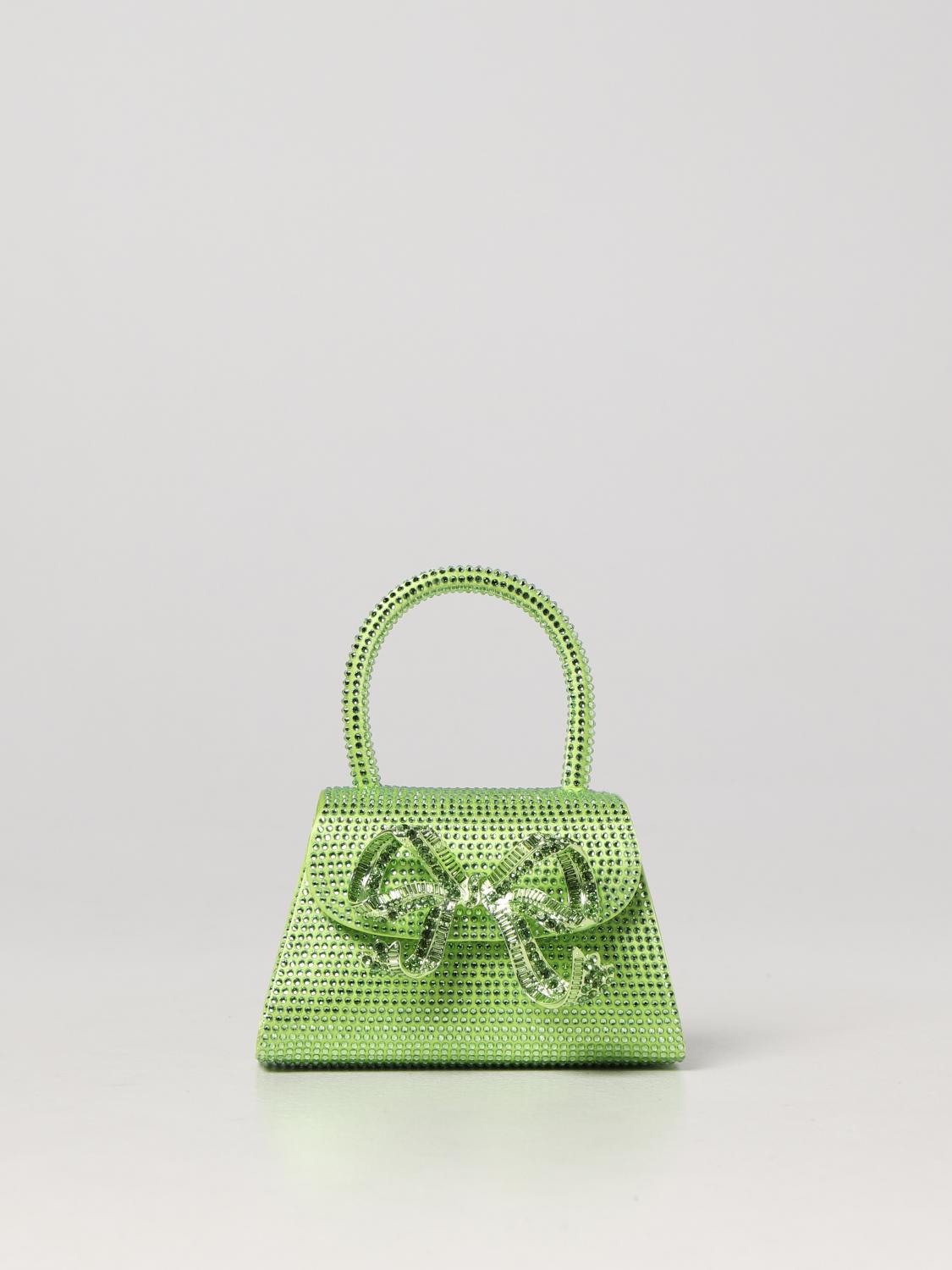 SELF-PORTRAIT BORSA MINI: Borsa The Bow Mini Self-Portrait in seta e strass, Verde - Img 1